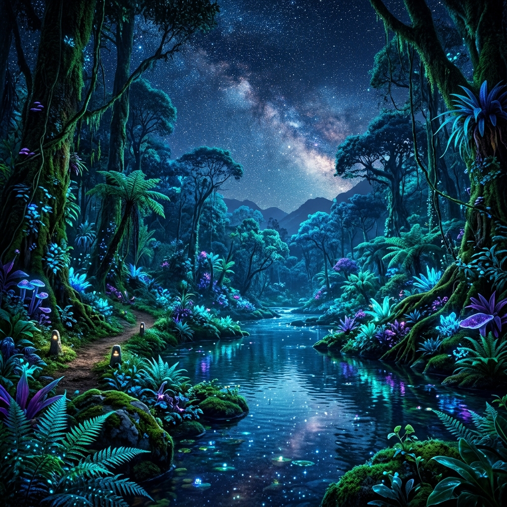 Mesmerizing wildlife in a bioluminescent forest
